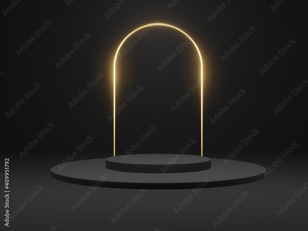 Round black podium for product display on black background, show product display, luxury minimalist mockup - 3D render Round black podium for product display on black background, show product display, luxury minimalist mockup - 3D render