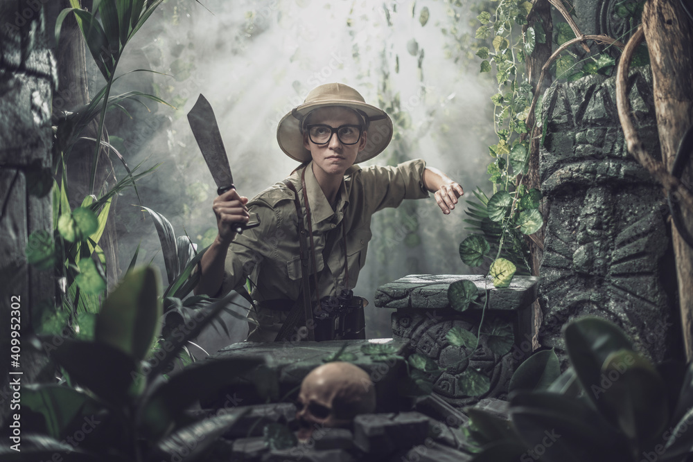 Brave woman exploring the jungle
