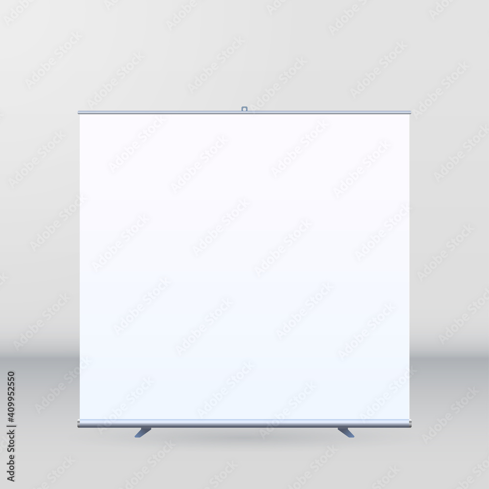 Roll Up Banner Stand on isolated clean background. Design template blank pop up banner display template for designer. Vector illustration EPS 10 Flipchart for promotional presentations at Stand Tripod