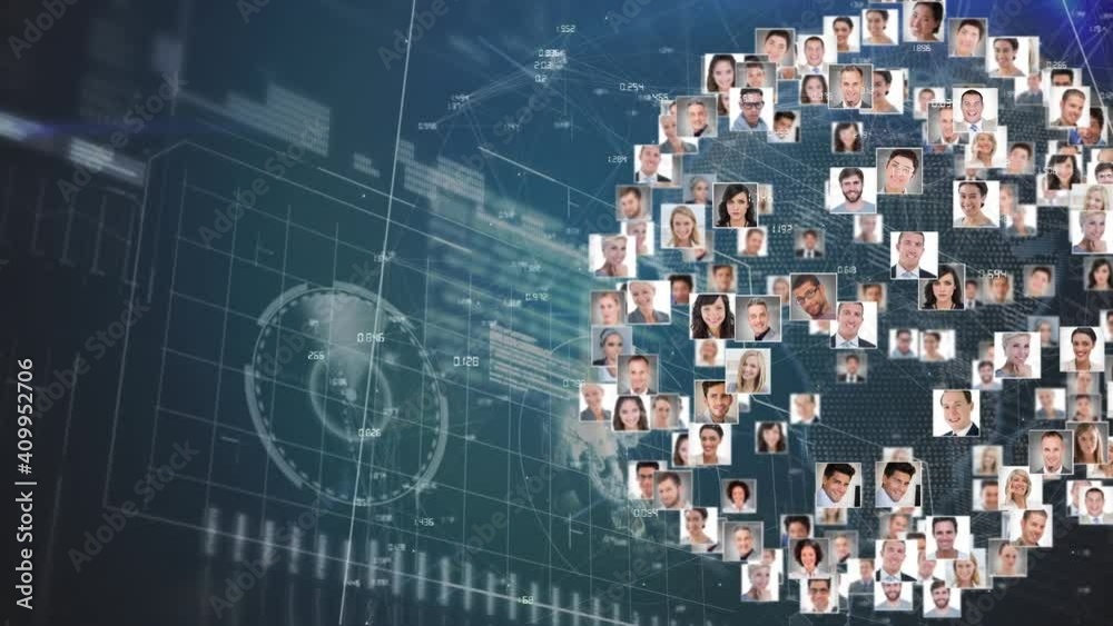 Digital composition of globe of multiple profile icons spinning against digital interface with data 