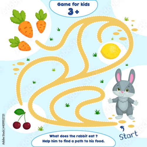 The maze for kids 3-4 years old. Game with rabbit. Help the rabbit to find the carrot.