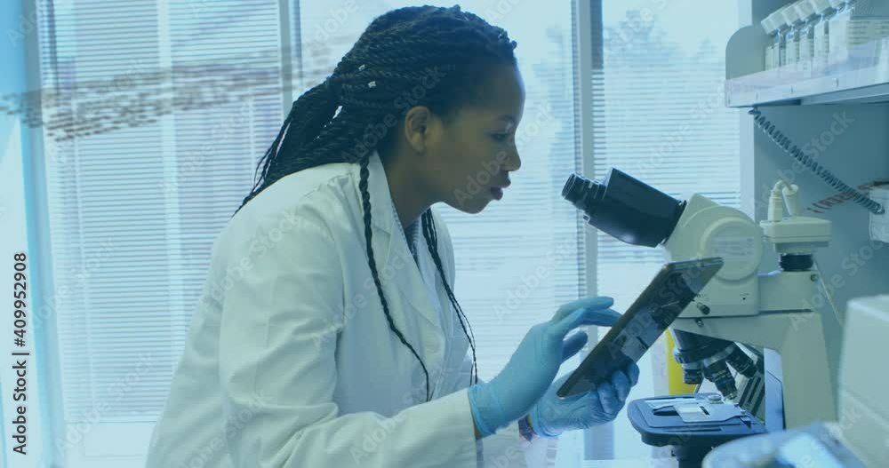 Animation of data processing over female scientist using tablet and microscope