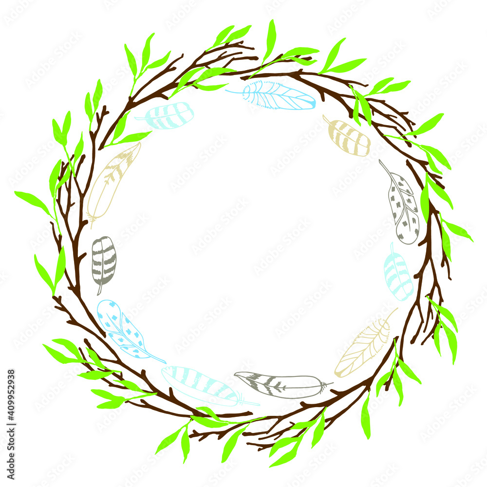 Branches, feathers and Frame. Colorful Hand drawn Isolated wreath with place for date, photo, text. Sublimation print for greeting card, banner, invitation, holiday decor, label. Branches, feathers and Frame. Colorful Hand drawn Isolated wreath with place for date, photo, text. Sublimation print for greeting card, banner, invitation, holiday decor, label.