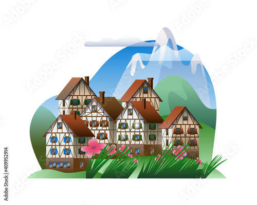 Spring mountain landscape with half-timbered houses. Vector illustration on the theme of the Bavarian Alps.