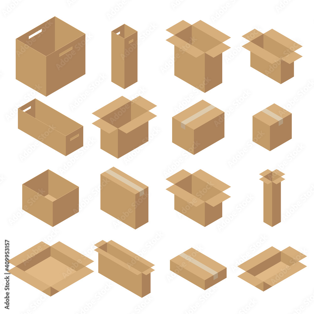Set of isometric carton packaging boxes. Closed and open cardboard box. Isolated on white background. Set of isometric carton packaging boxes. Closed and open cardboard box. Isolated on white background.