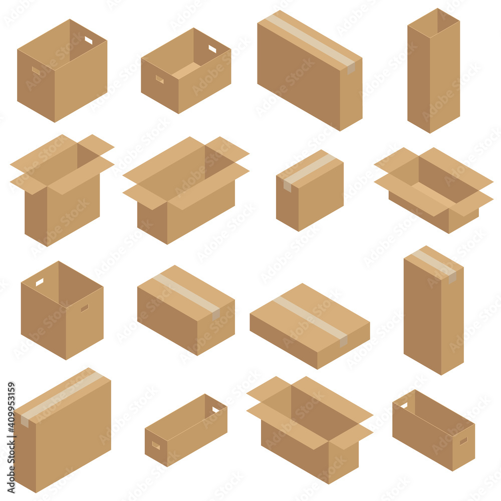 Set of isometric carton packaging boxes. Closed and open cardboard box. Isolated on white background. Set of isometric carton packaging boxes. Closed and open cardboard box. Isolated on white background.