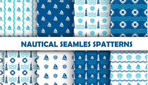 Set of sea and nautical seamless patterns. Vector illustration