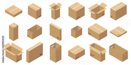 Set of isometric carton packaging boxes. Closed and open cardboard box. Isolated on white background.