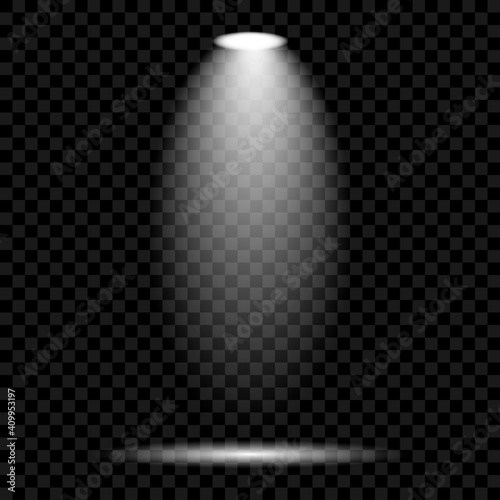 Creative vector illustration of bright lighting spotlights set, light sources isolated on transparent background. Art design beam for concert, scene illumination. Abstract concept graphic element