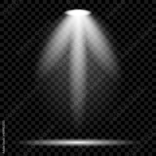 Creative vector illustration of bright lighting spotlights set, light sources isolated on transparent background. Art design beam for concert, scene illumination. Abstract concept graphic element