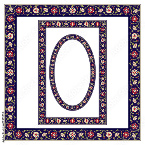 Frames of various shapes with whimsical flowers. Central Asian, Near East style. Pattern brush with a corner element included.