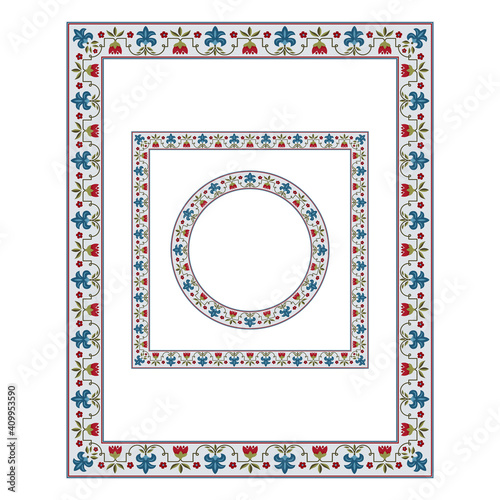 Frames of various shapes with whimsical flowers. Central Asian, Near East style. Pattern brush with a corner element included.