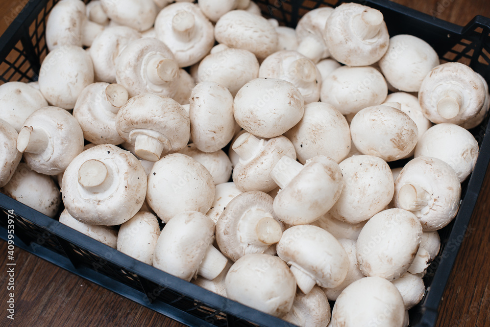 Ripe fresh mushrooms in a box in the warehouse after assembling a close-up. Ripe fresh mushrooms in a box in the warehouse after assembling a close-up.