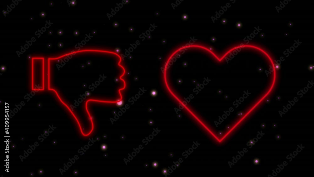 Animation of red neon heart and thumbs up and down and cloud signs flashing on cosmos background Animation of red neon heart and thumbs up and down and cloud signs flashing on cosmos background