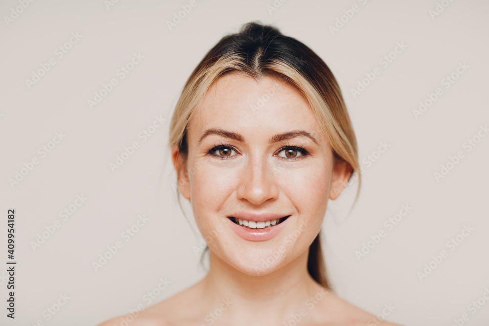 Smiling young adult caucasian woman close up full face portrait Smiling young adult caucasian woman close up full face portrait