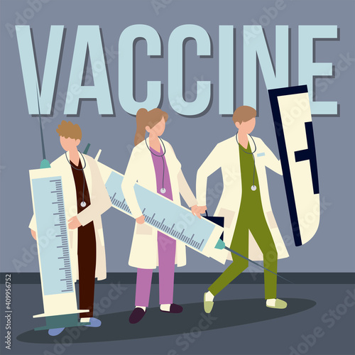 doctors with big syringe and shield vaccine prevents disease coronavirus