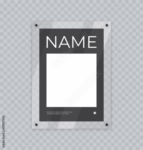 Poster mockup in acrylic frame, realistic glass display for banner or photo, hanging on the wall. Poster design concept isolated on transparent for show interior, 3d vector illustration.