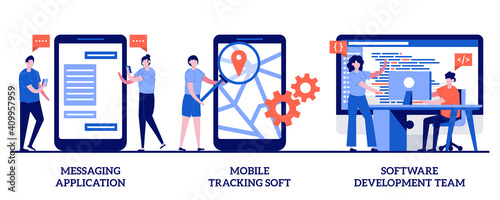 Messaging application, mobile tracking soft, software development team concept with tiny people. Smartphone application abstract vector illustration set. Chat app, GPS tracking metaphor