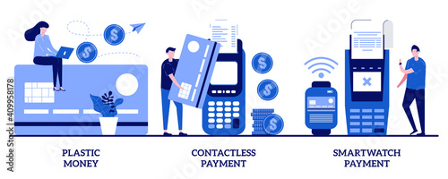 Plastic money, contactless smartwatch payment with tiny people. Digital transactions abstract vector illustration set. Credit and debit card, smartphone banking application, smart technology metaphor