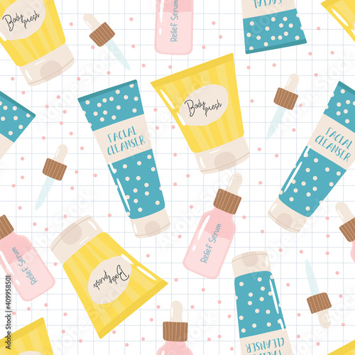 Skin care products seamless pattern. Personal hygiene background. Facial cleanser, serum, shower gel vector illustration. Beauty and cosmetology industry concept.