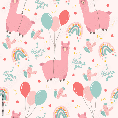 Cute llama seamless pattern. Alpaca flying on toy balloon, pastel rainbow and cactus. Childish background. Textile or wrappind paper for children. Baby shower party concept.