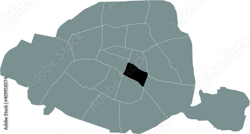 Black location map of Parisian quatrième, 4th arrondissement inside gray map of Paris, France
