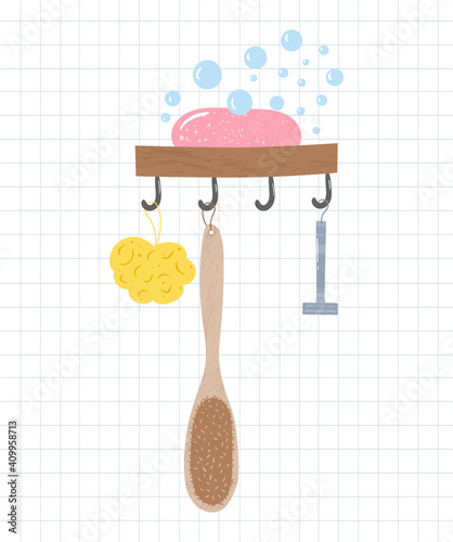 Bathroom elements vector illustration. Soap dish with hangers. Body care items. Bath sponge, dry massage brush and razor. Foamy soap. Wash hands.