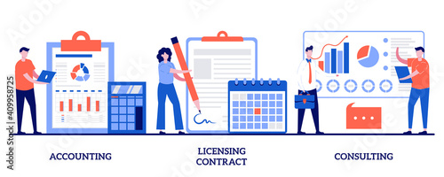 Accounting, licensing contract, consulting concept with tiny people. Financial audit and literacy abstract vector illustration set. Financier, banker advising, bookkeeping, agreement signing metaphor
