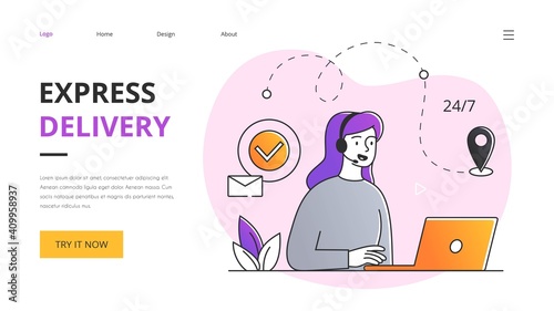 The girl operator of the express delivery service answers the calls and operates the couriers. Outline flat vector illustration. Website, webpage, landing page template or layout
