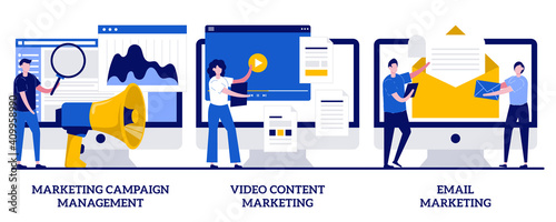 Marketing campaign management, video content and email marketing concept with tiny people. Campaign tracking and analysis vector illustration set. Social media metrics, audience engagement metaphor