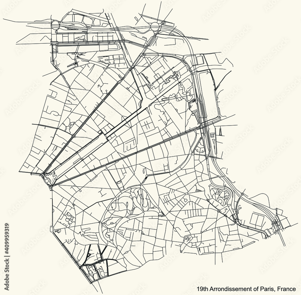 Black simple detailed street roads map on vintage beige background of the neighbourhood dix-neuvième, 19th arrondissement of Paris, France