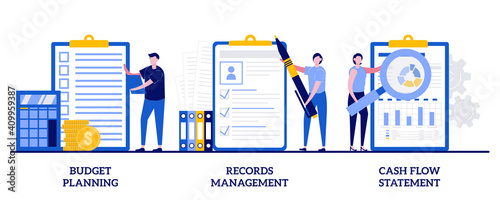 Budget planning, records management, cash flow statement concept with tiny people. Money savings estimation abstract vector illustration set. Files organization system, financial report metaphor