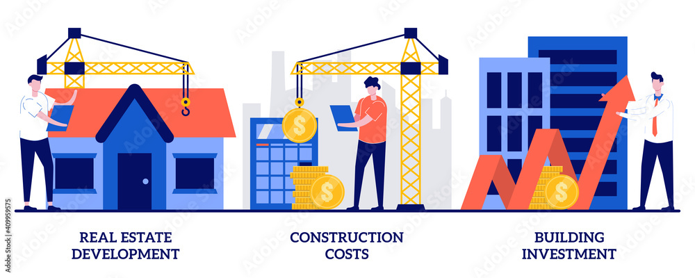 Real estate development, construction costs, building investment concept with tiny people. Construction project management vector illustration set. Buy land, bank loan, financial plan metaphor