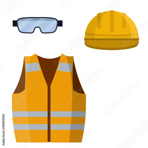 Clothing of worker and the Builder. Orange uniform, glasses and helmet. industrial safety. Type of profession. Cartoon flat illustration