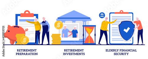 Retirement preparation, investments and elderly financial security concept with tiny people. Retirement financial planning abstract vector illustration set. Retiree budget, pension account metaphor