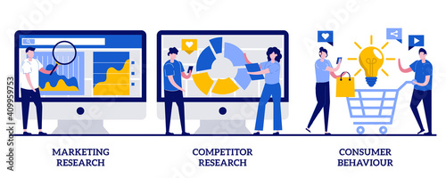 Marketing research, competitor research, consumer behaviour concept with tiny people. Targeting strategy abstract vector illustration set. Focus group, survey agency, target audience metaphor