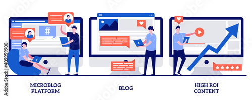 Microblog platform, blog and high ROI content concept with tiny people. Social media marketing abstract vector illustration set. Influencer, followers and subscriptions, viral content metaphor