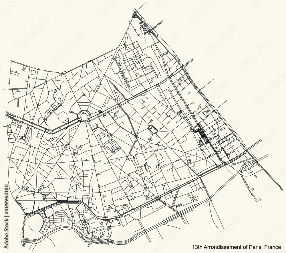 Black simple detailed street roads map on vintage beige background of the neighbourhood treizième, 13th arrondissement of Paris, France