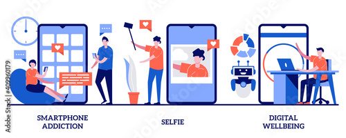 Smartphone addiction, selfie, digital wellbeing concept with tiny people. Digital culture abstract vector illustration set. Phone checking, social network, digital camera, stress management metaphor