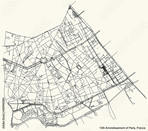 Black simple detailed street roads map on vintage beige background of the neighbourhood treizième, 13th arrondissement of Paris, France