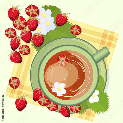 A cup of strawberry tea with berries, leaves and strawberry flowers top view. Berry drink, medicinal infusion or decoction. Bright summer vector illustration.