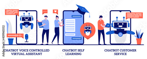 Chatbot voice controlled virtual assistant, self learning and customer service concept with tiny people. Smartphone voice application abstract vector illustration set. AI in ecommerce metaphor