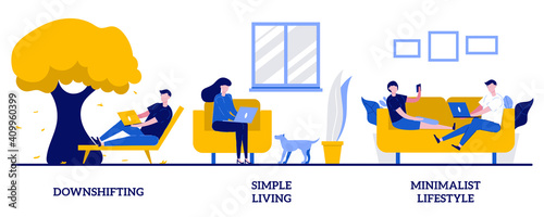 Downshifting, simple living, minimalist lifestyle concept with tiny people. Voluntary lifestyle abstract vector illustration set. Find balance, reduce consumption and buying, low expenses metaphor © VZ_Art