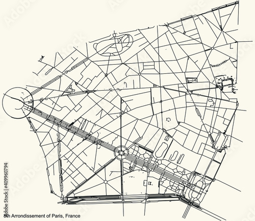 Black simple detailed street roads map on vintage beige background of the neighbourhood huitième, 8th arrondissement of Paris, France