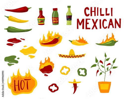 Cartoon Color Hot Chilli Sauces Icon Set. Vector