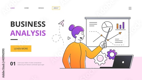 Business analysis abstract concept, Outline minimal style cartoon vector illustration with fictional character. Website, webpage, landing page template.