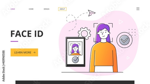 Identity verification concept. Outline minimal style flat cartoon vector illustration with fictional female character. Website, webpage, landing page template