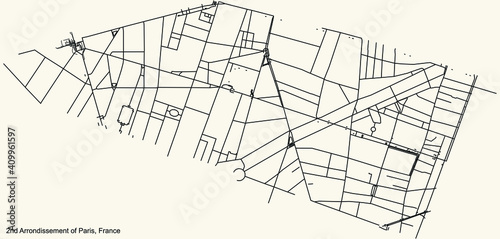 Black simple detailed street roads map on vintage beige background of the neighbourhood deuxième, 2nd arrondissement of Paris, France