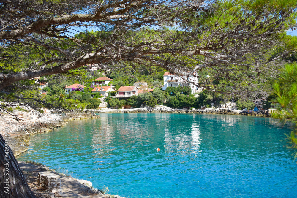 Beautiful Adriatic sea in Croatia,Hvar,nice calm tranquil bay through green pine.Blue,transparent,turquoise water, sunny weather., no people