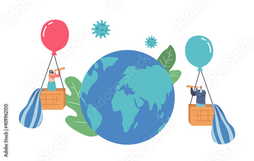 New Business Normals Adapting. Businesspeople Flying on Colorful Air Balloons instead of Deflated Hot Air Balloons